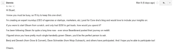 Email invitation for expert roundup on marketing strategies with Gleam.