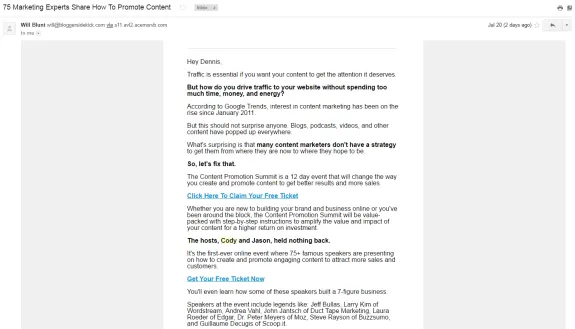 Email invitation for Content Promotion Summit with details and free ticket link