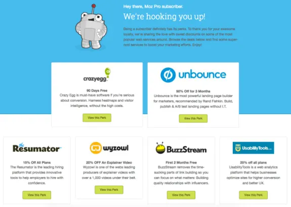 Moz Pro subscriber perks showing discounts on services like Crazy Egg, Unbounce, and others.