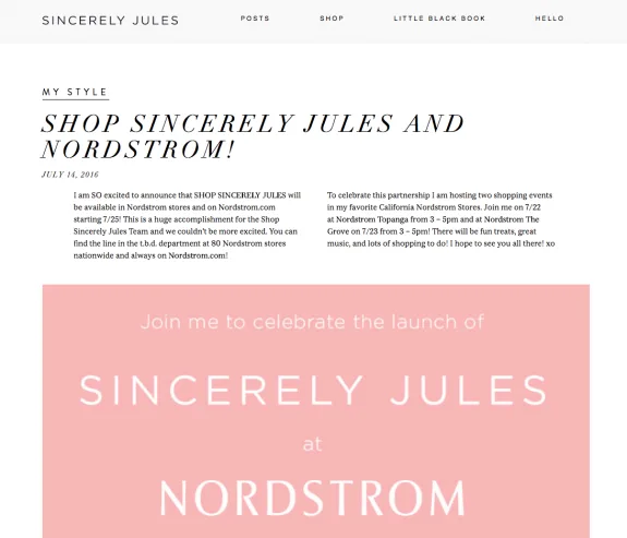 Sincerely Jules Nordstrom launch announcement with event details.