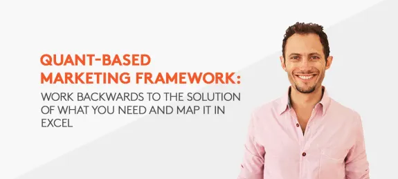 Smiling man in pink shirt next to text about quant-based marketing framework.