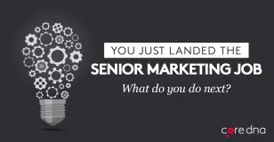 Illustration of a lightbulb made of gears with text about landing a senior marketing job.