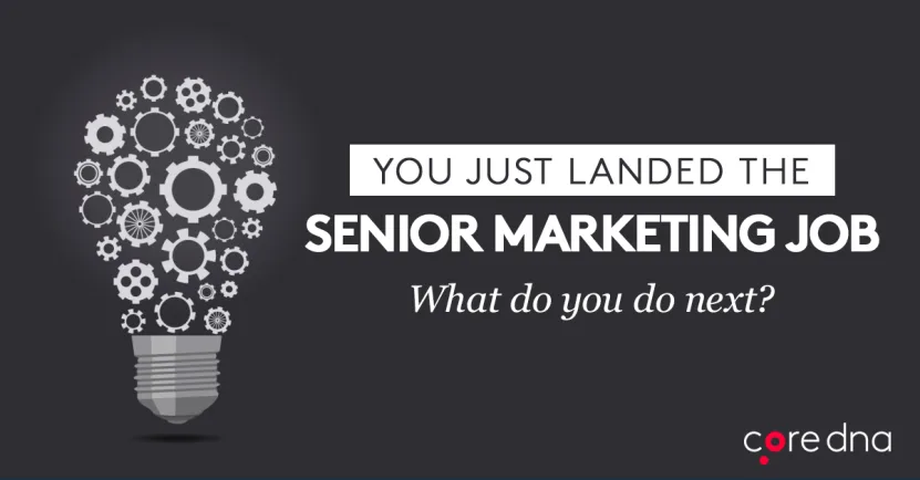 Illustration of a lightbulb made of gears with text about landing a senior marketing job.