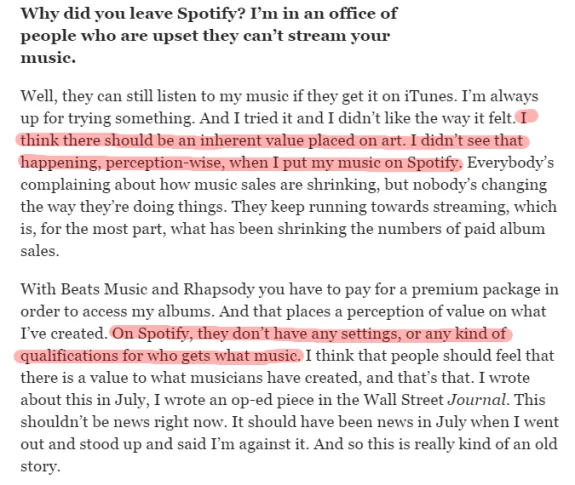 Highlighted text criticizing Spotify's approach to music streaming.
