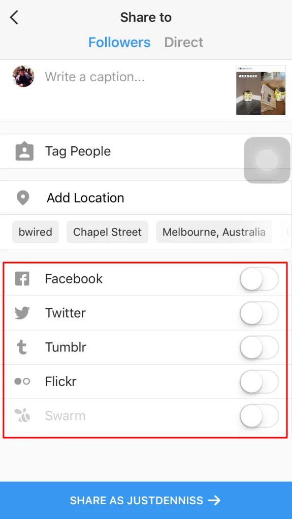 Instagram sharing options screen displaying social media platforms and location tagging.