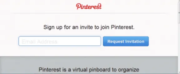 Pinterest signup page inviting users to request an invitation.