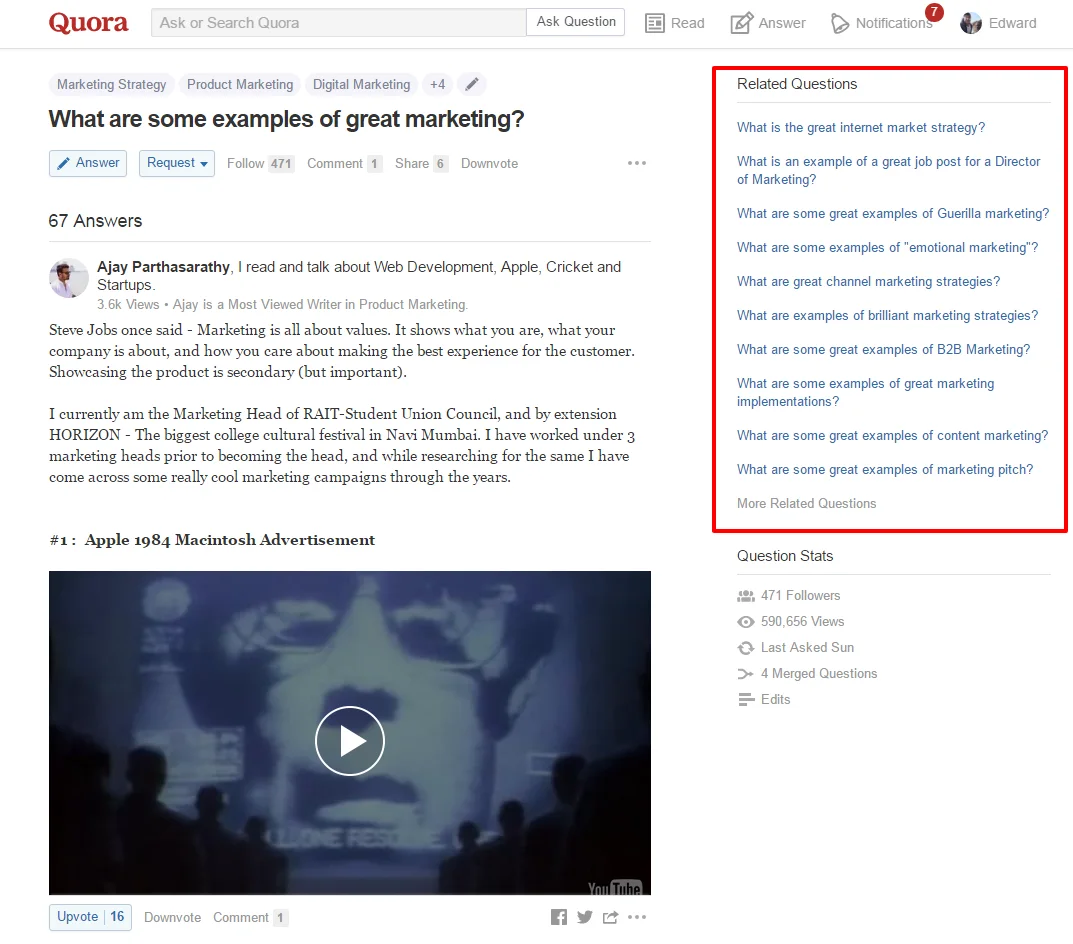 Quora page discussing examples of great marketing with Apple 1984 ad.