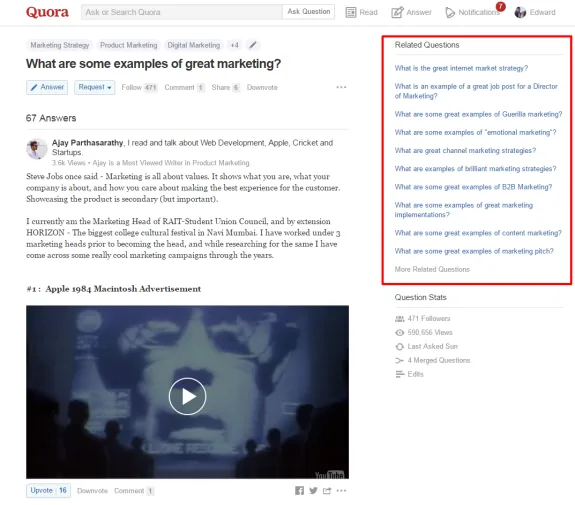 Quora page discussing examples of great marketing with Apple 1984 ad.