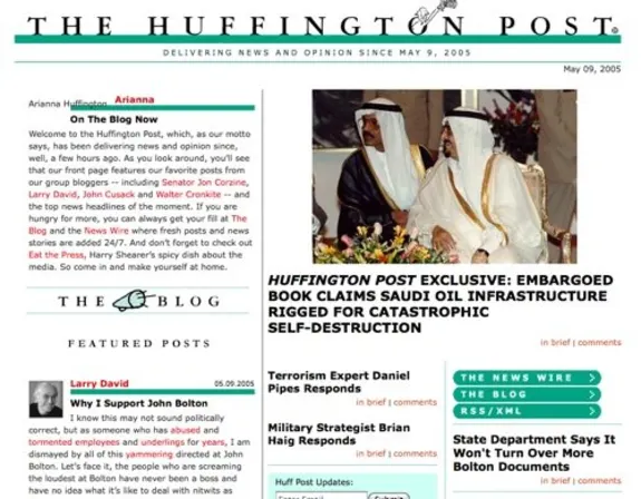 2005 Huffington Post homepage showing news articles and features.