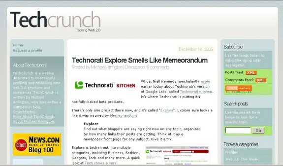 Screenshot of TechCrunch blog homepage from 2005 featuring an article about Technorati.
