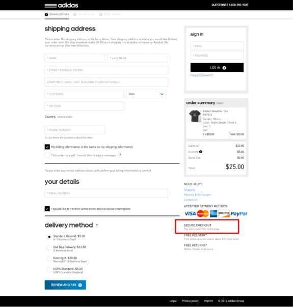 Adidas checkout page showing shipping address form and secure payment options.