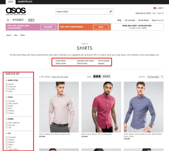 ASOS website showing men's shirts category with various filter options and shirt styles.