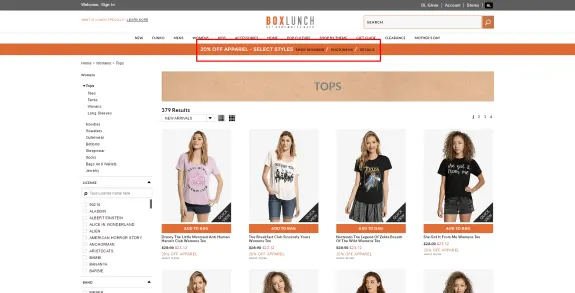 BoxLunch women's tops online shopping page showing various t-shirts on sale.