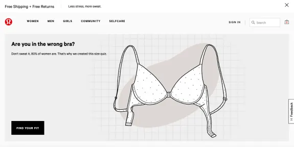 Lululemon bra size quiz illustration with a bra drawing and text prompt.