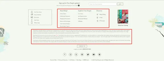 Free People website footer with links to help and company info sections.