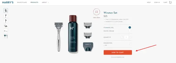 Harry's Winston shaving set product page with razor and foam gel.