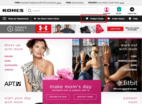 Kohl's Mother's Day promotion banner featuring fashion and fitness items.
