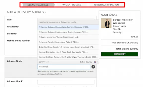 Online checkout page showing delivery address entry and jacket purchase details.