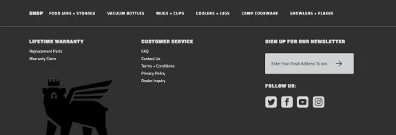 Website footer with navigation links and social media icons on dark background
