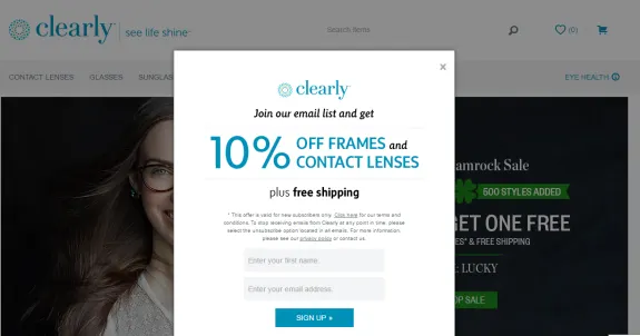 Clearly website pop-up offering 10% off frames and contact lenses with email signup.