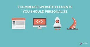 Illustration of ecommerce website elements to personalize with icons on teal background.