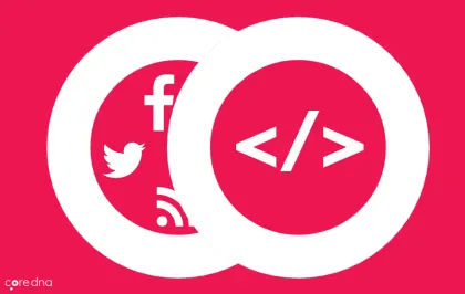 Social media and code symbols overlapping on a red background