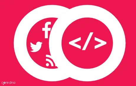 Social media and code symbols overlapping on a red background