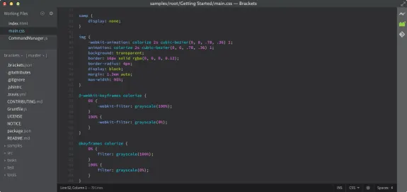 Screenshot of CSS code in Brackets code editor interface.