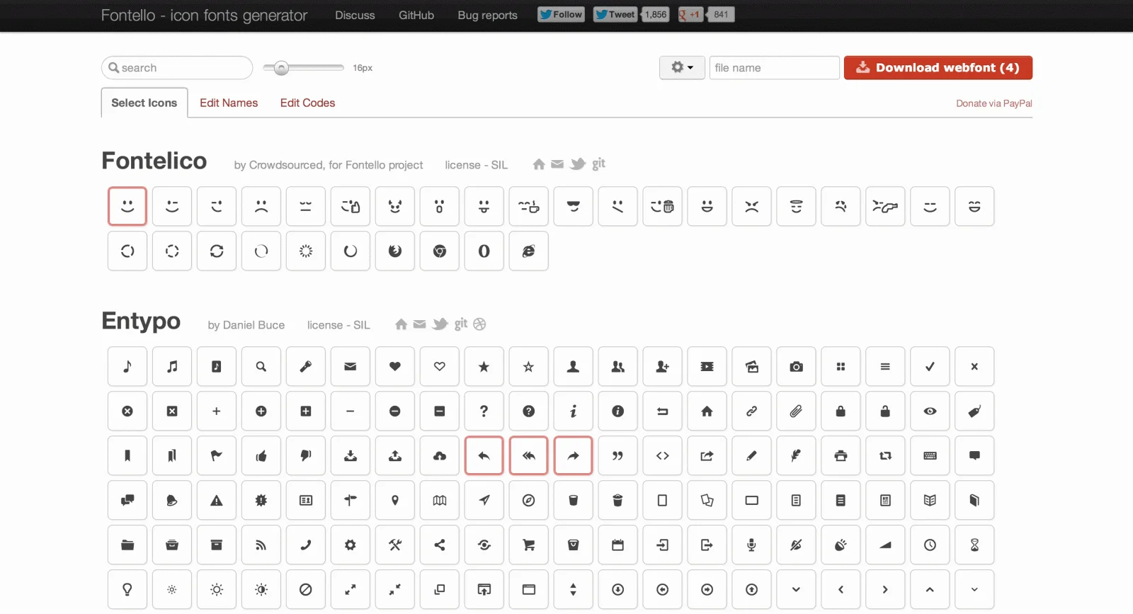 Fontello icon fonts generator interface showing Fontelico and Entypo icon sets.