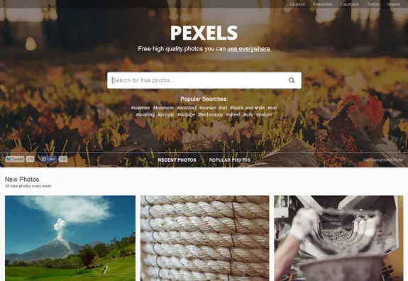 Screenshot of Pexels homepage with search bar and photo gallery.
