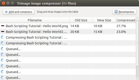 Trimage image compressor interface showing file list and compression details.
