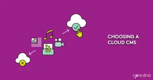 Illustration depicting cloud CMS selection process with icons on purple background.