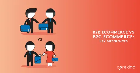 Illustration comparing B2B and B2C eCommerce on orange background with text.