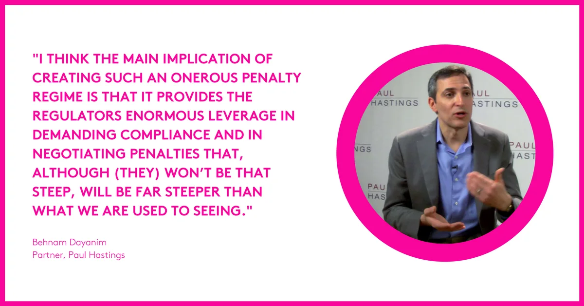 Business professional in suit discussing compliance with quote graphic.