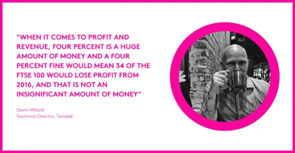 Quote about profit and loss with a grayscale portrait on a pink background.
