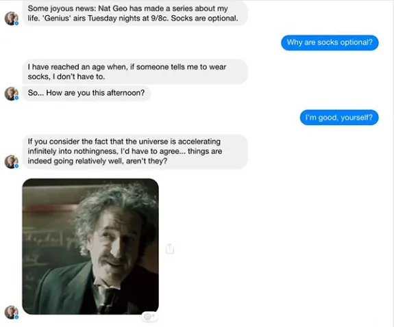 Chat conversation with humorous quotes about Einstein and socks, featuring Einstein's image.