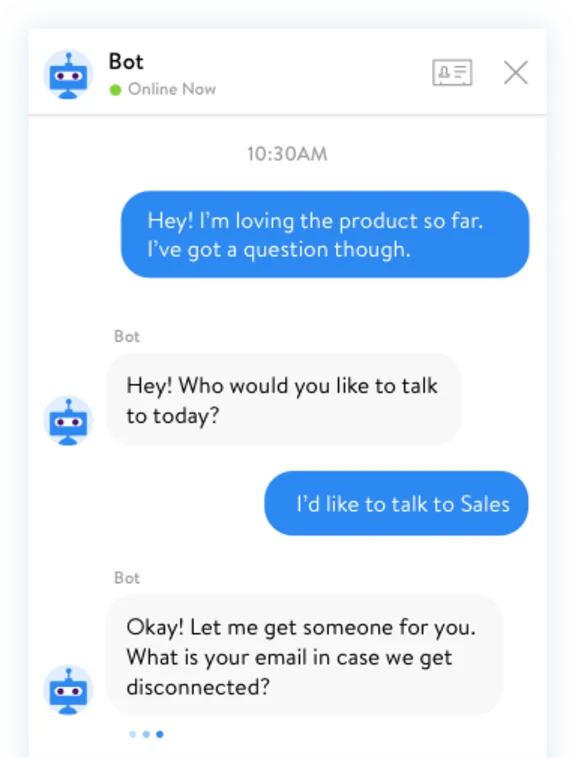 Chatbot interaction with customer asking to speak with sales department.