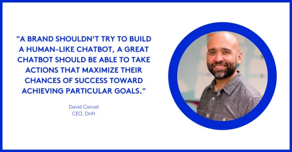 Quote about chatbot success with a portrait of a smiling man in a blue circle.