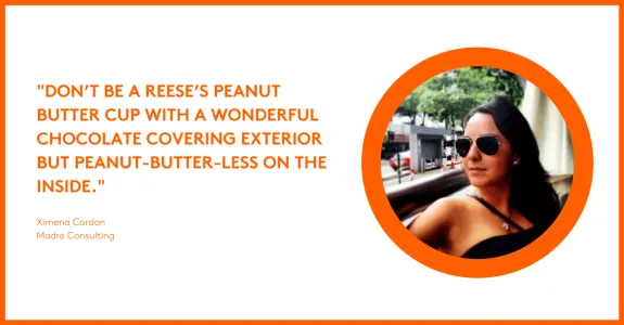 Motivational quote with a woman in sunglasses and an orange border.