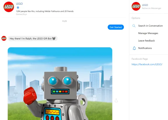 LEGO Gift Bot robot with city skyline background