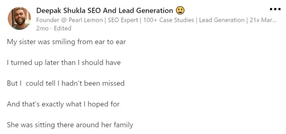 LinkedIn post with a smiling emoji and text about family and being late.