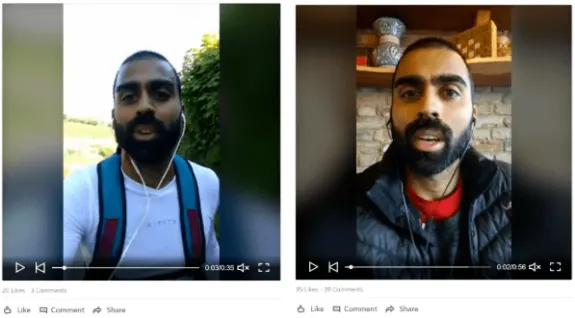 Man speaking in two video frames, outdoors and indoors.