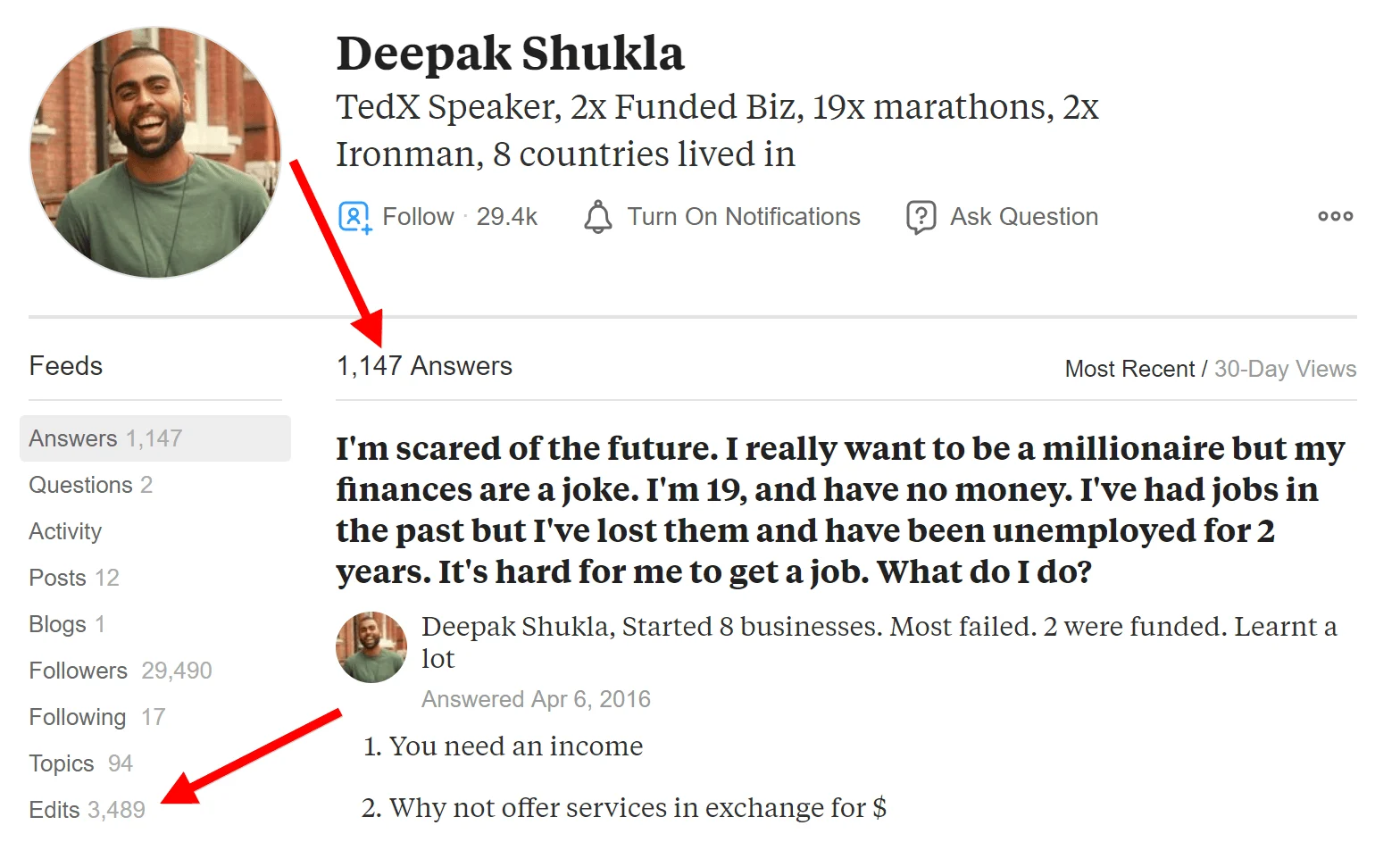 Social media profile showing business advice and engagement statistics.