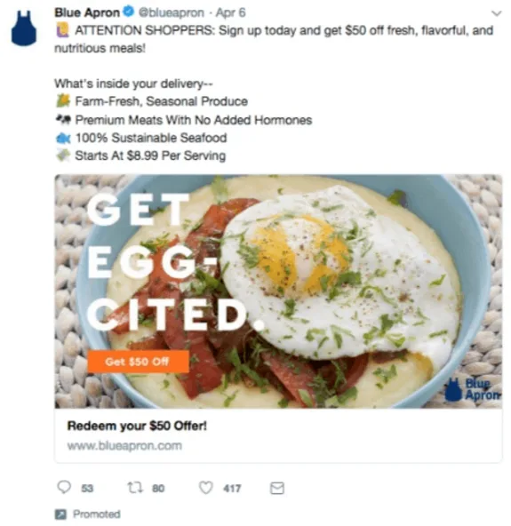 Blue Apron promotion showcasing egg dish with $50 offer.