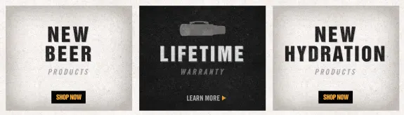 Image with text promoting new beer and hydration products with lifetime warranty.