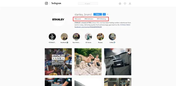 Stanley Brand Instagram profile with posts, followers, and highlights.