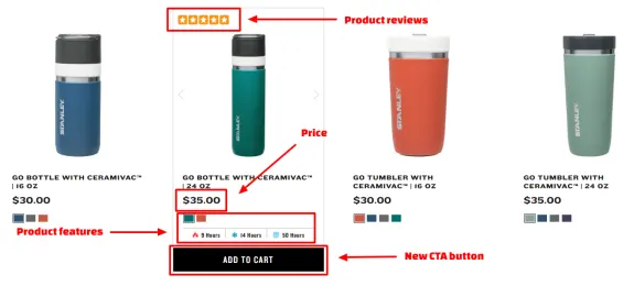 Stanley Go Bottle and Tumbler product display with prices and features.