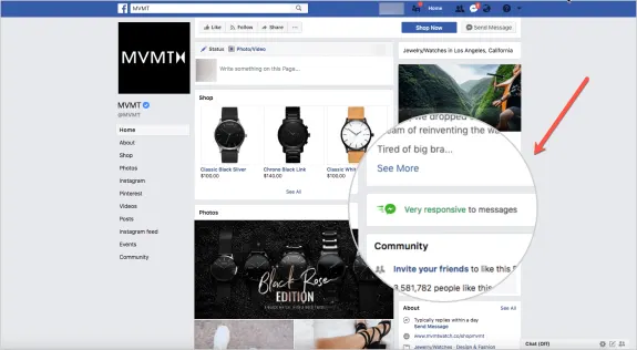 MVMT Facebook page showing watch shop section with products and responsive message status.