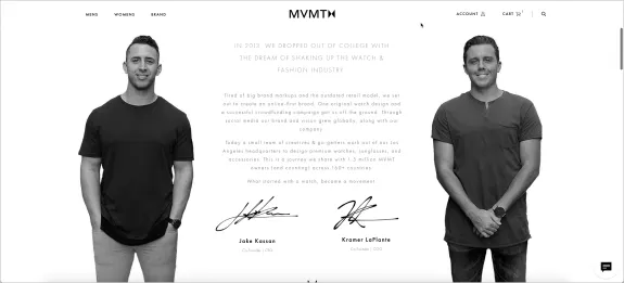 Black and white portrait of two MVMT founders in casual wear.