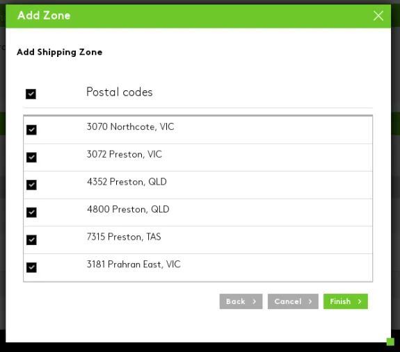 Add Shipping Zone window displaying list of postal codes and locations.